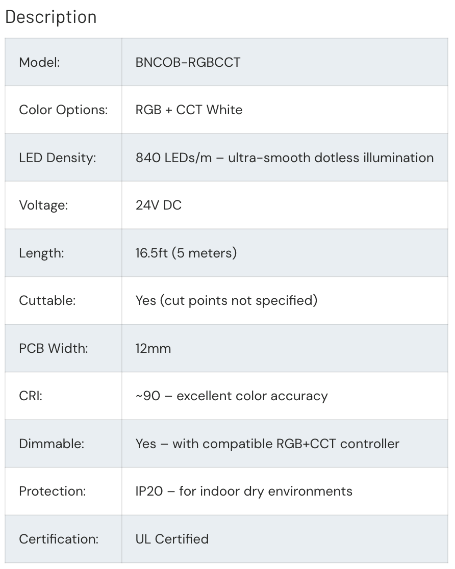 RGB+CCT COB LED Strip 840 LEDs/m 24V UL Certified Indoor - Brightnex LED
