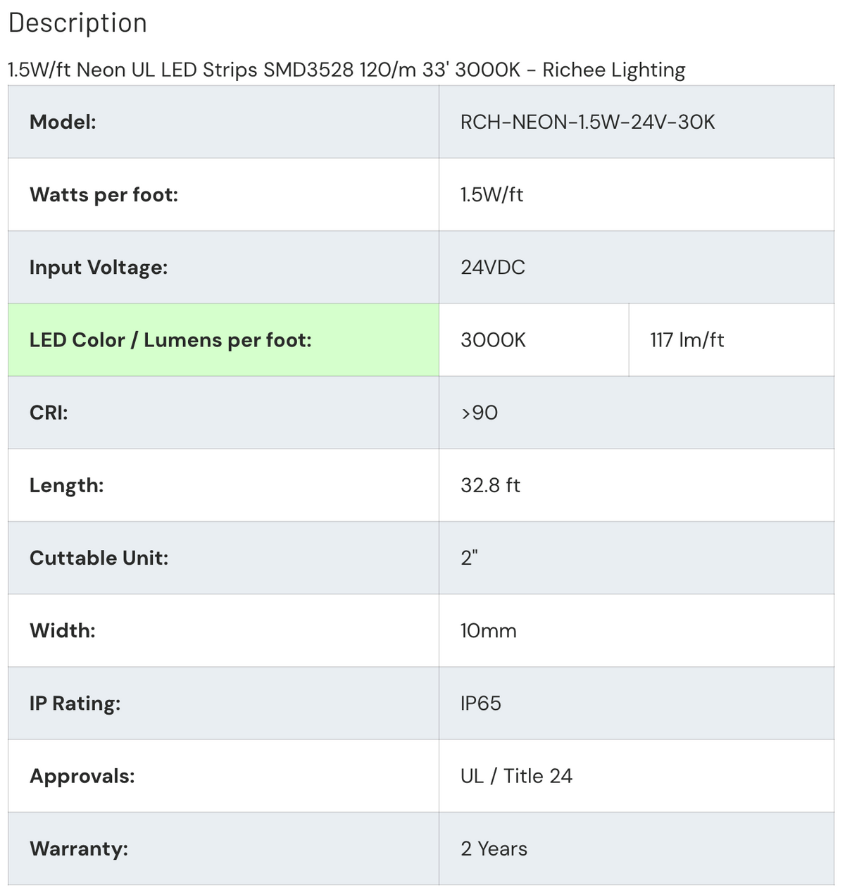 1.5W/ft Neon UL LED Strips SMD3528 120/m 33' 3000K - Richee Lighting